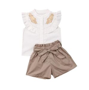 Kids Meisjes Zomer Kleding Sets Mode Kinderen Casual Outfits Leaf Embroider Ruche Mouwloze Shirt Tops + Bow Short 2 stks Past Y2500