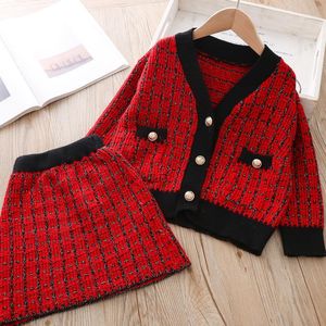 Enfants filles pull ensemble automne hiver épais chaud tricoté vêtements ensemble mode enfants fille classique vêtements costume Cardigan et jupe1