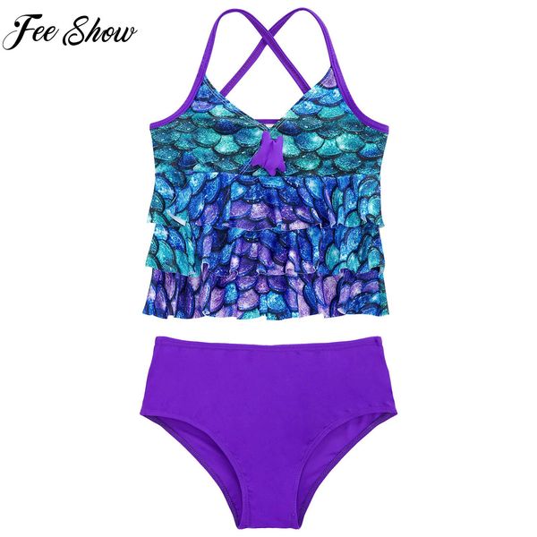 Chicas niñas Tankini Mermaid Escamas estampadas bikini traje de baño traje de baño con trajes de baño con fondos multi 2pcs