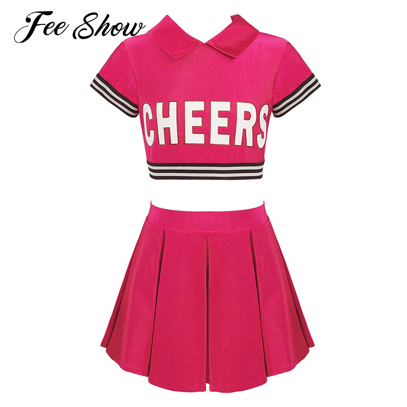 Kids Girls Team Sports Cheerleading Uniforms Cheerleader Costume Short Sleeve Zipper Back Crop Top with Skirt Dance Clothes Sets