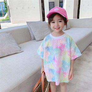 Kids Girls Tie Dye T -shirt zomer lange stijl kinderen zacht comfortabel shirt voor meisje casual tee tops kleding 220607