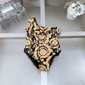 Kids Girls Vintage Floral One Peices One Shoulder Swims Puits Fashion Designer Baby Girl Beach Bikini Swimming Classic Letter Bikinis Childrens Kleding