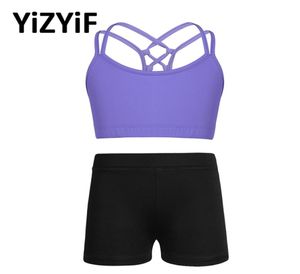 Kindermeisjes Yoga -kostuumoutfit Tanks beha tops crop top met shorts activewear set kinderen ballet dance workout oefening kleding 8902282