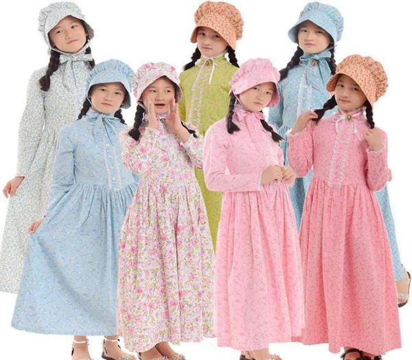 Kids Halloween Carnival Party Girls Costume Civil War Robe de campagne coloniale avec tenue de reconstitution du chapeau 614 ans6403890