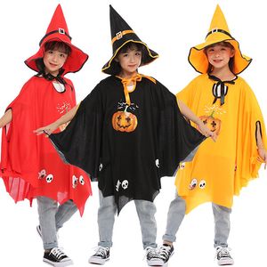 Kids Halloween Witch Cosplay Show Pumpkin Kostuum Hoed Mantel Set Witches Wizard Jurk Robe en hoeden Kostuum Cape Party Supplies D032