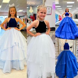 kinderen halter baljurk optocht jurk 2024 met fluwelen lijfje ruches tier zakdoek organza bloem meisjes jurk vloer lengte kleine meisje formele feest marineblauw/hemel koninklijk