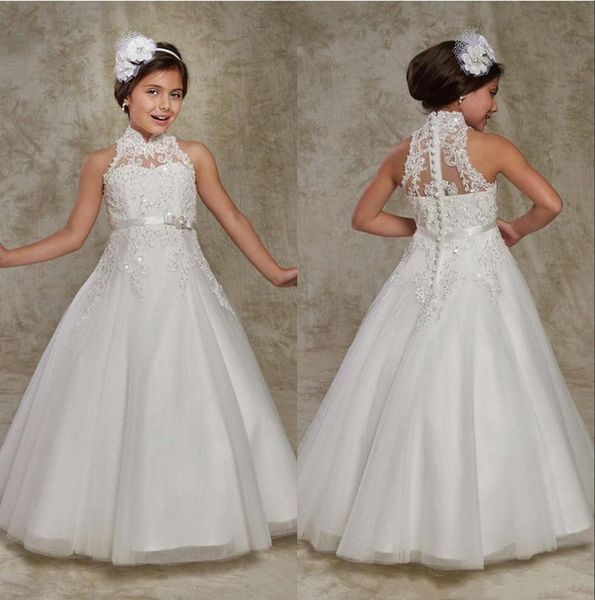 Vestidos de niña de flores de cuello alto para niños 2020 Botones de encaje con apliques en la espalda Vestido de fiesta formal para niñas pequeñas Vestido de primera comunión AL5328