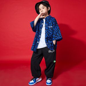 Kids Hip Hop Clothing Blue Print Oversized Leopard Shirt Top Streetwear Jogger Pants For Girls Boy Dance Costumes Kleding