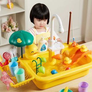 Toys de lavabo de cuisine pour enfants Jobs lave-vaisselle électrique jouant du jouet avec de l'eau courante Fitend jouer le rôle de pêche alimentaire Girls Gift 240416