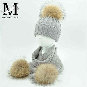 Kinderen breien beanie hoeden en sjaals winter echte bont pom hoed sjaal set voor kind dikke dikke warme natuurlijke bont ball hoed j220722