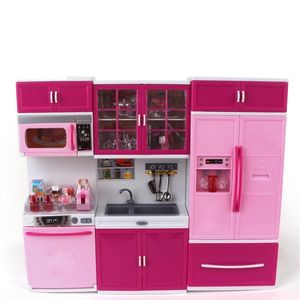 Niños Niños grandes / 27s Cocina con sonido y luz Las niñas pretenden cocinar Juguete Juego Rosa Simulación Armario Regalo Juguete Comida LJ201211