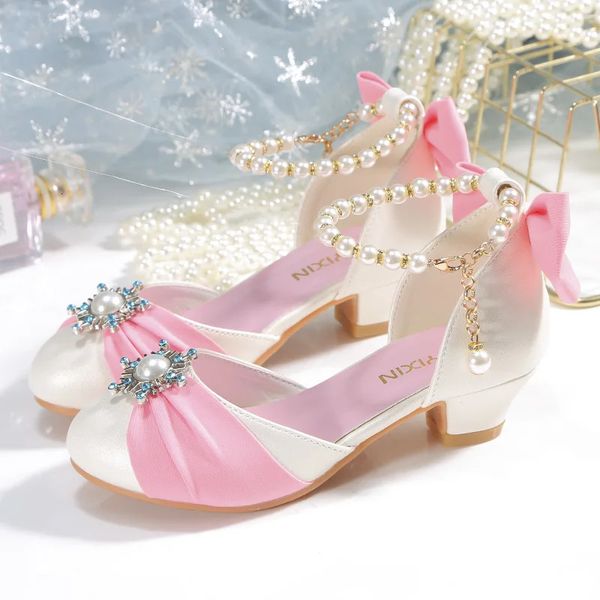 Zapatos de cuero para niños, zapatos de tacón alto para fiesta de banquete con nudo para niñas, sandalias para niñas, zapatos de princesa de cristal para estudiantes 240220