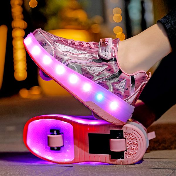 Enfants lumière LED USB charge enfants deux roues baskets pour garçons filles talons patins à roulettes volant chaussures de Sport en plein air décontracté