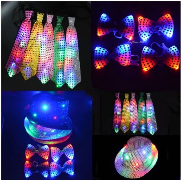 Niños led luminoso lentejuelas jazz sombrero tapa luces fedora corbata corbata corbata prop regional de neón fiesta de cumpleaños decoración de la boda