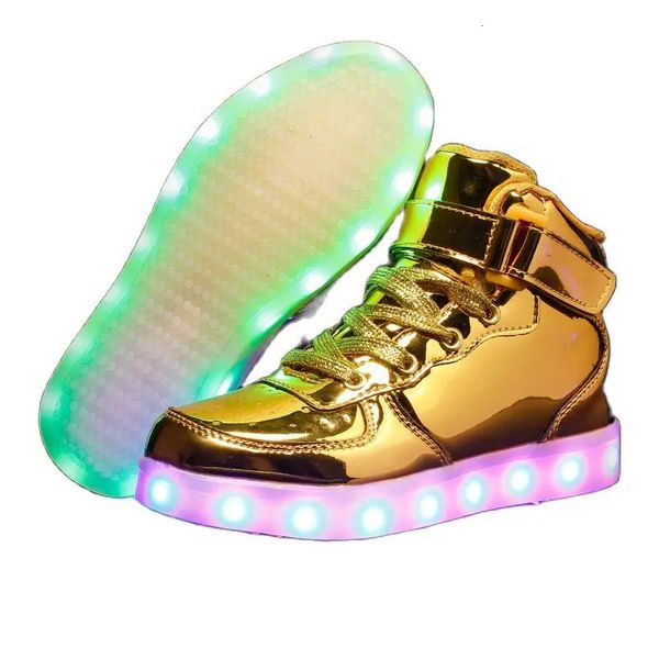 Enfants Led USB chaussures de charge baskets lumineuses enfants crochet boucle chaussures lumineuses pour filles garçons Skateboard haut haut course sport 240119