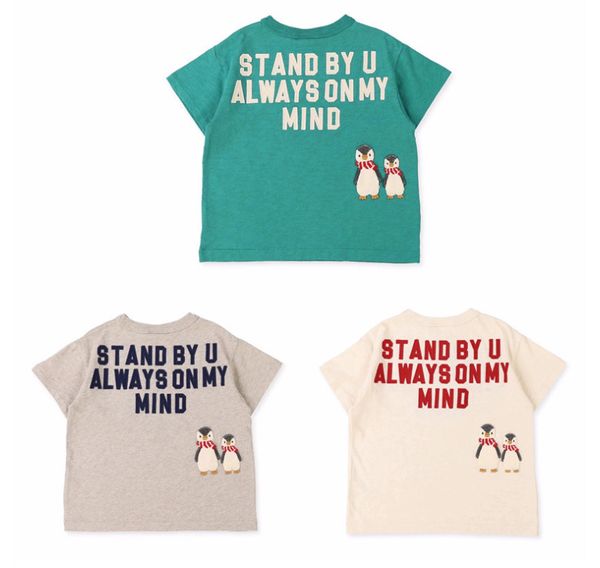 Camiseta informal con estampado de letras para niños y niñas, camisetas con bordado de pingüino de dibujos animados, camisetas de manga corta para niños Z6999 2024