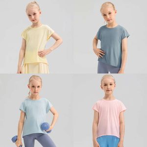 Kids ll yoga shirts korte mouw voor meisjes bemanning nek ademende naadloze snelle droge kinderfiness sport zomer t shirt ll33210