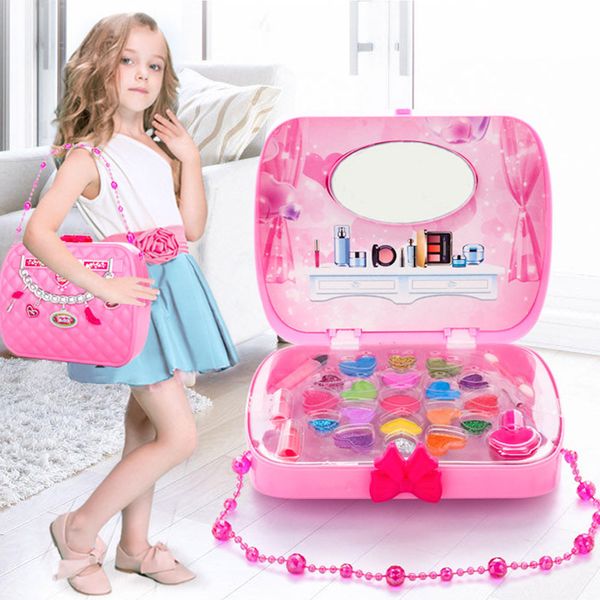 Los niños componen el juego de juguete Juego de imaginación Princesa Rosa Maquillaje Belleza Seguridad No tóxico Kit Juguetes para niñas Vestir Cosmético Caja de viaje LJ201009