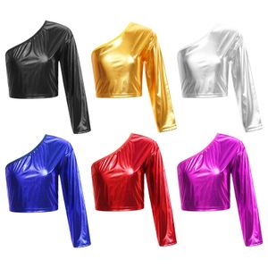 Kids Metallic Shiny One épaule Crop Top Cheerleading Jazz Street Dance Stage Performance Performance Filles Boys à manches longues