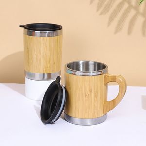 Tazas de leche para niños, vaso de bambú de 350ml, tazas de café de acero inoxidable con asa y tapa, tazas de agua aisladas ecológicas Q593