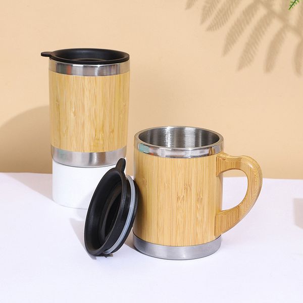 Tazas de leche para niños, vaso de bambú de 350ml, tazas de café de acero inoxidable con asa y tapa, tazas de agua aisladas ecológicas Q593