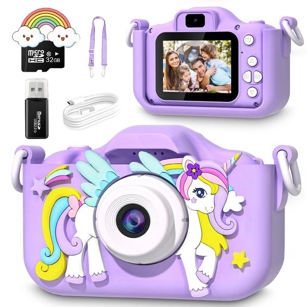 Enfants Mini caméra dessin animé licorne jouets pour filles garçons cadeaux d'anniversaire 1080P HD écran 2 pouces avec carte SD 32G vie d'enregistrement 240319