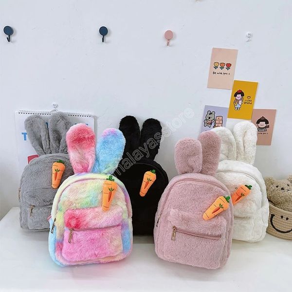 Enfants Mini sac à dos en peluche sac à main dessin animé mignon lapin oreille sacs d'école pour bébé filles cravate colorant sacs à dos