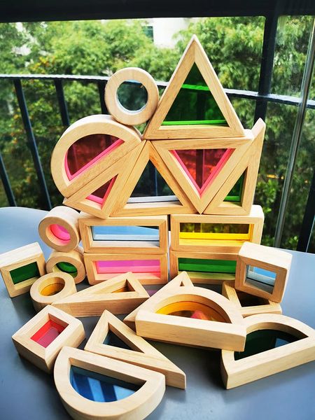 Enfants Montessori jouet en bois sensoriel arc-en-ciel miroir blocs en caoutchouc massif bois empilage acrylique bâtiment empileur jeu éducatif 240124