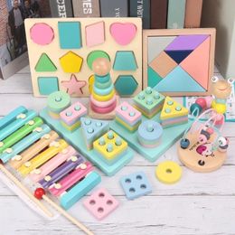 Kids Montessori Wooden Toys Macaron Blocs Learning Toy Baby Music Rattles Graphic Colorful Educational 240509
