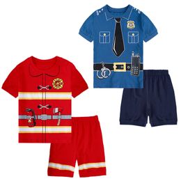 Kinderpyjama's Jongens Politieagent Nachtkleding Pak Baby Peuter Brandweerman Pyjama Zomer Korte Mouw Pijamas Casual Kleding Kostuum 220706