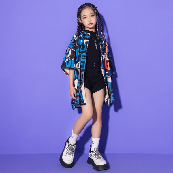 Ropa de hip hop de interpretación de niños camisa estampada de estampado negro street danicng trajes para niñas disfraz de baile de jazz ropa adolescente