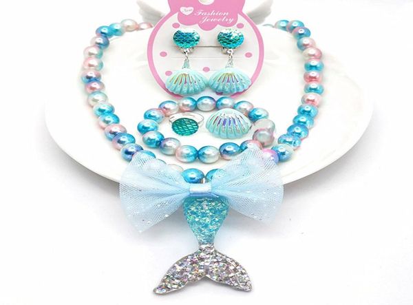 Juego de 6 piezas de joyería de plástico para niños, pulsera de cuentas coloridas de princesa sirena, collar, pendientes de concha, conjuntos de anillos, regalo de cumpleaños para niñas, pequeño 8559988