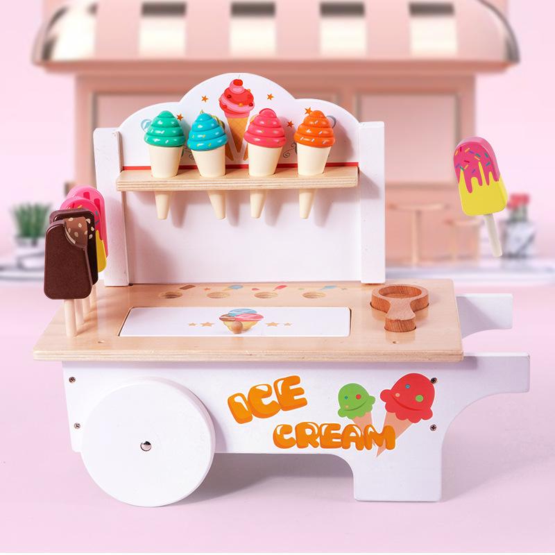 Kids Pretend Play Food Sorting Stacking Toys Wooden Ice Cream Cart For Toddlers Children's Educational Toy