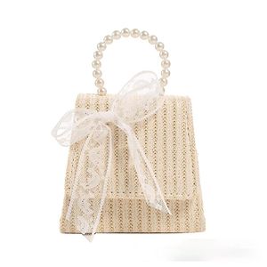 Kinderen Portemonnees En Handtassen Mini Crossbody Schattig Klein Meisje Straw Munt Pouch Baby Meisjes Rotan Kant Boog Handtassen Tote