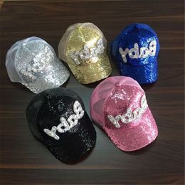 Gorra de béisbol con lentejuelas y diamantes de imitación para niños, gorras de malla con estampado de letras, ala curvada para playa, gorra Snapback sólida para niños, gorros de verano Hip Hop