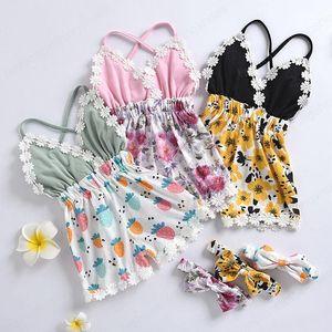 enfants Barboteuses filles Floral Fruit Imprimer Barboteuse Avec Bandeau enfant en bas âge Sans Manches Dos Nu Combinaisons été mode bébé Escalade vêtements