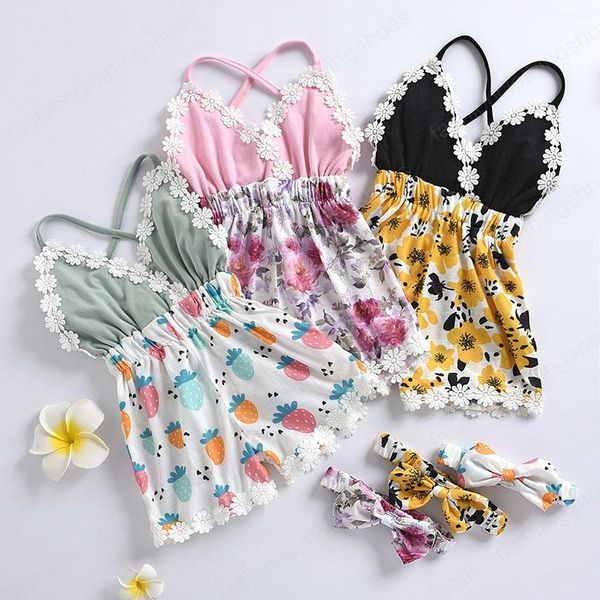 niños mamelucos chicas floral fruta estampado mameluco con diadema bebé niño niño sin mangas sin espalda matrizsuits verano moda bebé escalada ropa