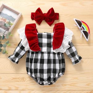 Kids Rompertjes Meisjes Plaid Romper Pasgeboren Zuigeling Ruffle Kant Flying Mouw Rooster Jumpsuits met Fluwelen Boog Hoofdband Lente Herfst Mode Babykleding