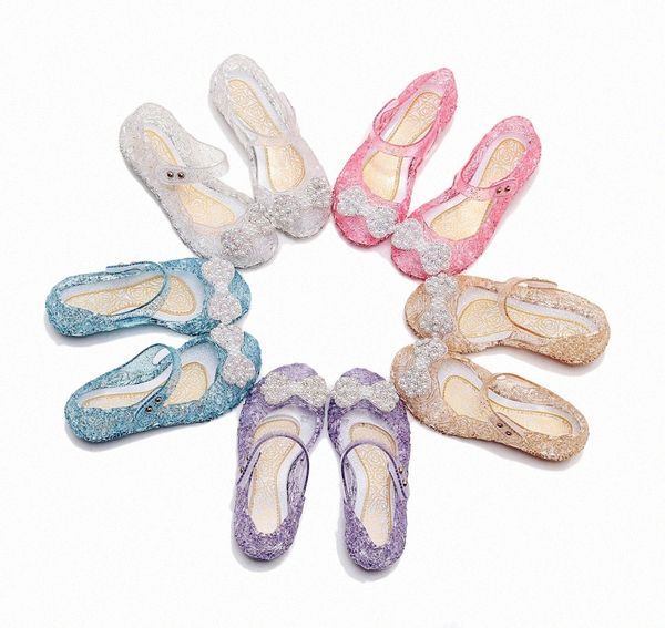 Kids Sandals Girls Bow Princess Shoes Summer Bling Beach Children's Crystal Jelly PVC Sandale Youth Toddler Foothold Pink Blanc Black Black Non-Bran SOF D9EP #