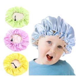 Gorro de satén para niños, gorro de noche para dormir, pelo rizado ajustable, sedoso, doble capa, gorros de noche reversibles para niños