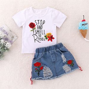 Ensemble de vêtements pour enfants, costume d'été à imprimé floral, haut + jupe en jean, 2 pièces, tenues pour enfants en bas âge, s 220326