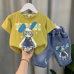 Kids Set Cartoon Cartoon Short Sleeve Pullover Shirt and Jeans Pantals Two Piece Baby Boys Sport Clothes Girls 18 ans Outfts 240426