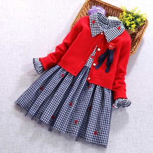 Kinderen sets voor meisjes rode vest trui jas en lange mouwen plaid bloem jurk lente herfst 2 stuks set girl kleding 210713