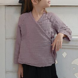 Chemises pour enfants 100 coton filles blouse décontractée japonaise printemps automne enfants à manches longues col en V bandage cardigan vêtements TZ67 230407