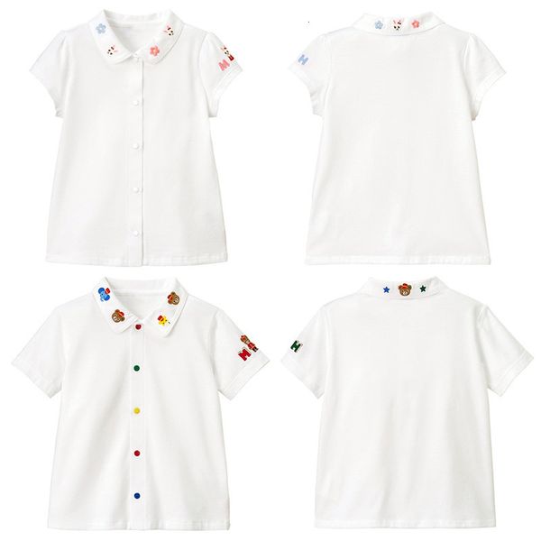 Camisas para niños, verano 2023, camisa de manga corta con bordado de conejo y oso de dibujos animados para niñas japonesas, blusa blanca superpuesta para niñas 230711