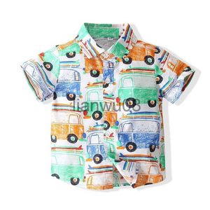 Kindershirts 2023 Zomer Nieuwe 12 M 24 M 16 Jaar Europa en Amerikaanse Baby Peuter Kids Tops Cartoon Volledige Print Auto Shirt met korte mouwen voor jongens x0728