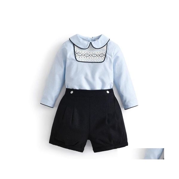 Enfants Chemises 2 Pcs Enfants Boutique Garçons Smockés Vêtements Ensemble Bébé Style Espagnol Vêtements Costume Tout-petit Fait À La Main Smocks Blouses Blac Dh4Ag