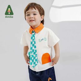 Camisas para niños Amila 2024 Summer New Boys Top con collar contrastante y bolsillo Camisa de corbata casual Ropa para niños 0-6yl2405