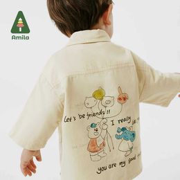 Chemises pour enfants Amila Baby Shirt 2024 Été Nouveau chemise de coton littéraire Boutique Couleur solide respirant mode imprimé Clothingl2405