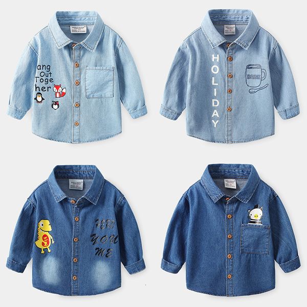 Enfants chemises automne bébé garçons vêtements enfants bleu Jean vestes col rabattu manches longues dessin animé motif bouton 2023 230711